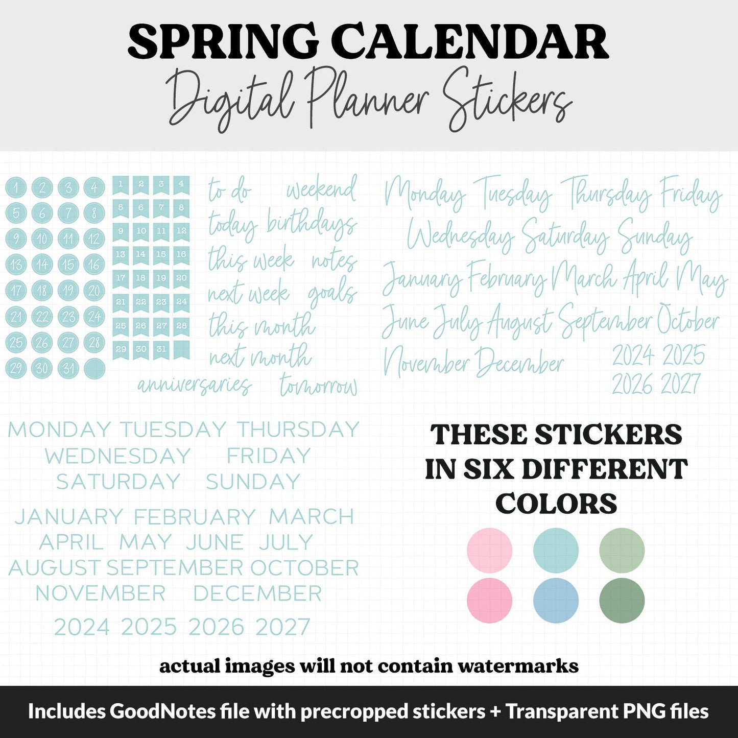 Spring Calendar Essentials Digital Planner Stickers | GoodNotes, iPad and Android | Dates, Days of the Week, Months