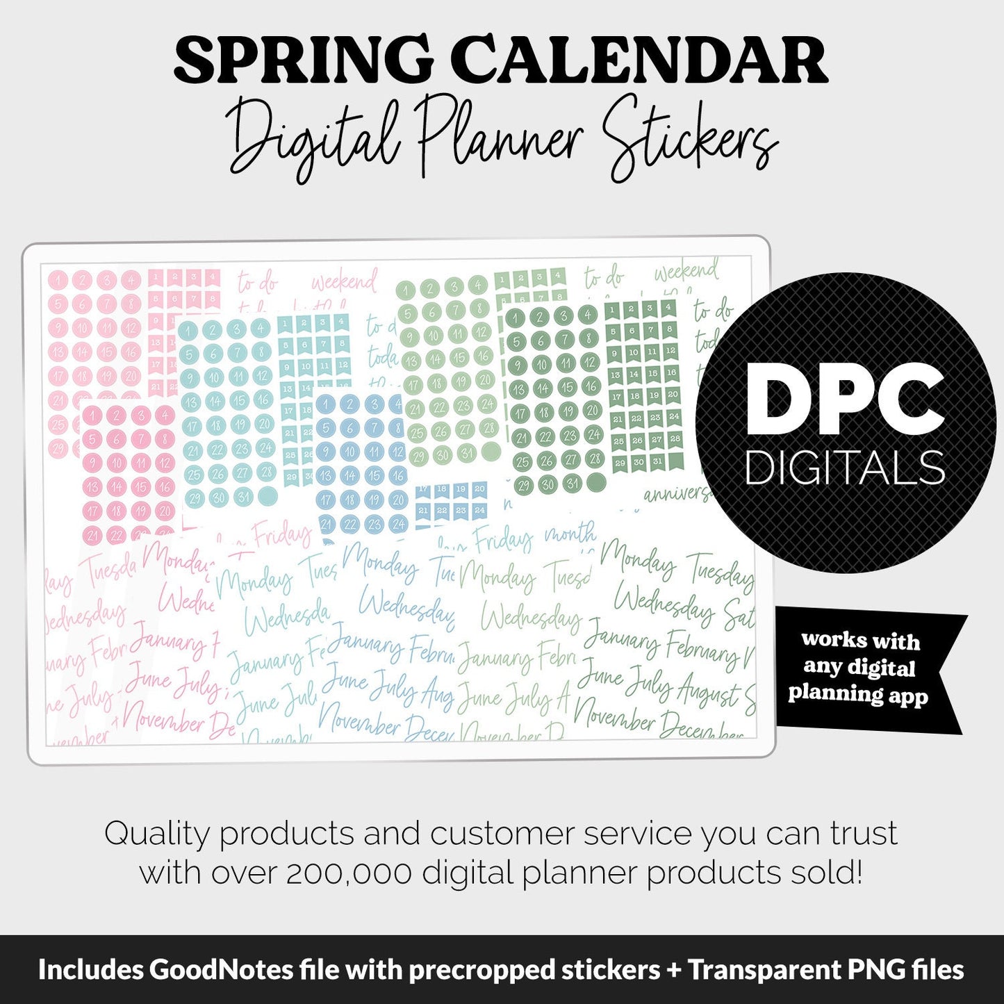 Spring Calendar Essentials Digital Planner Stickers | GoodNotes, iPad and Android | Dates, Days of the Week, Months
