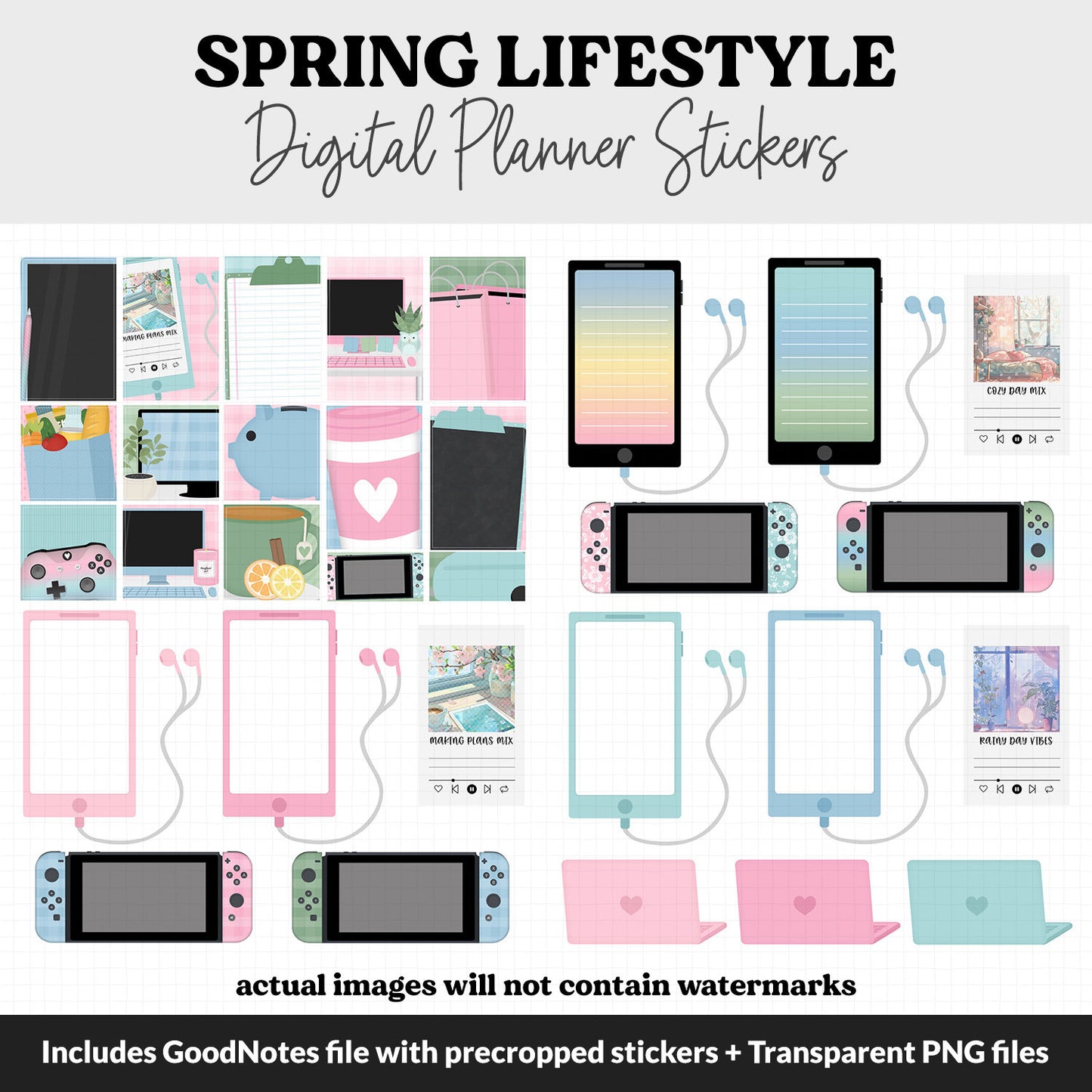 Spring Lifestyle Add-On Digital Stickers | GoodNotes & iPad | TV, Playlist, Travel, Reading, Work, Groceries