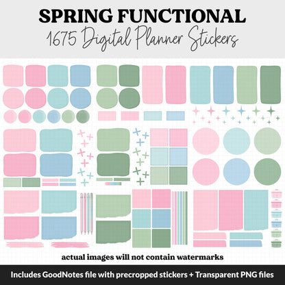 Spring Functional Digital Sticker Set | GoodNotes, iPad & Android | Papers, Sticky Notes, Chores, Work, Adulting, Tasks, Dates