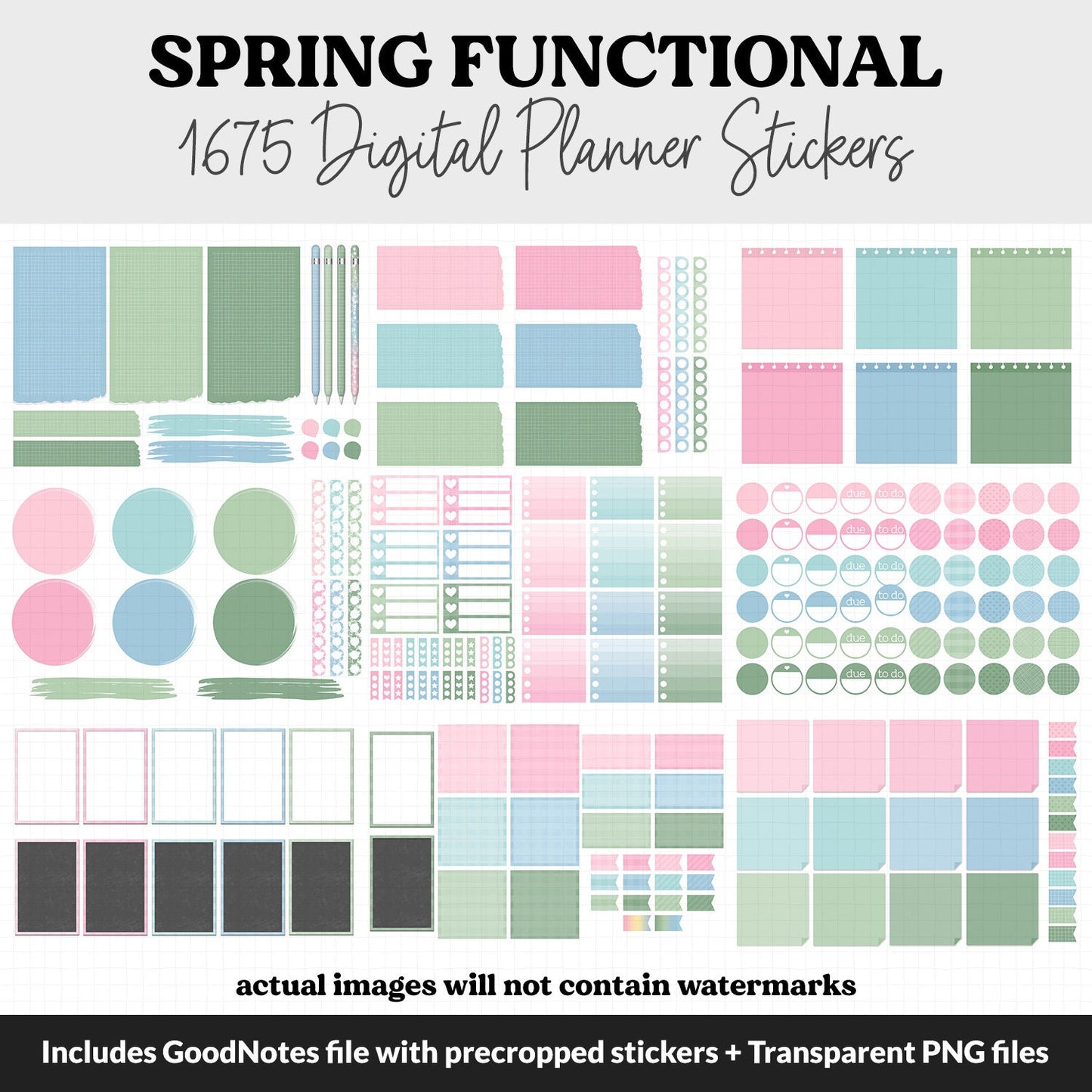 Spring Functional Digital Sticker Set | GoodNotes, iPad & Android | Papers, Sticky Notes, Chores, Work, Adulting, Tasks, Dates