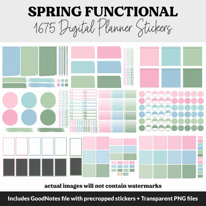 Spring Functional Digital Sticker Set | GoodNotes, iPad & Android | Papers, Sticky Notes, Chores, Work, Adulting, Tasks, Dates