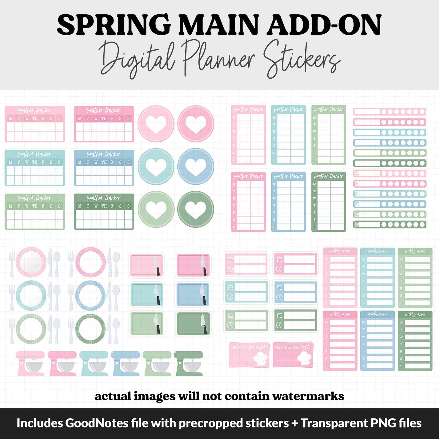 Spring Add-On Digital Stickers | GoodNotes & iPad | Trackers, Budget, Meal Planning, Health, Habits