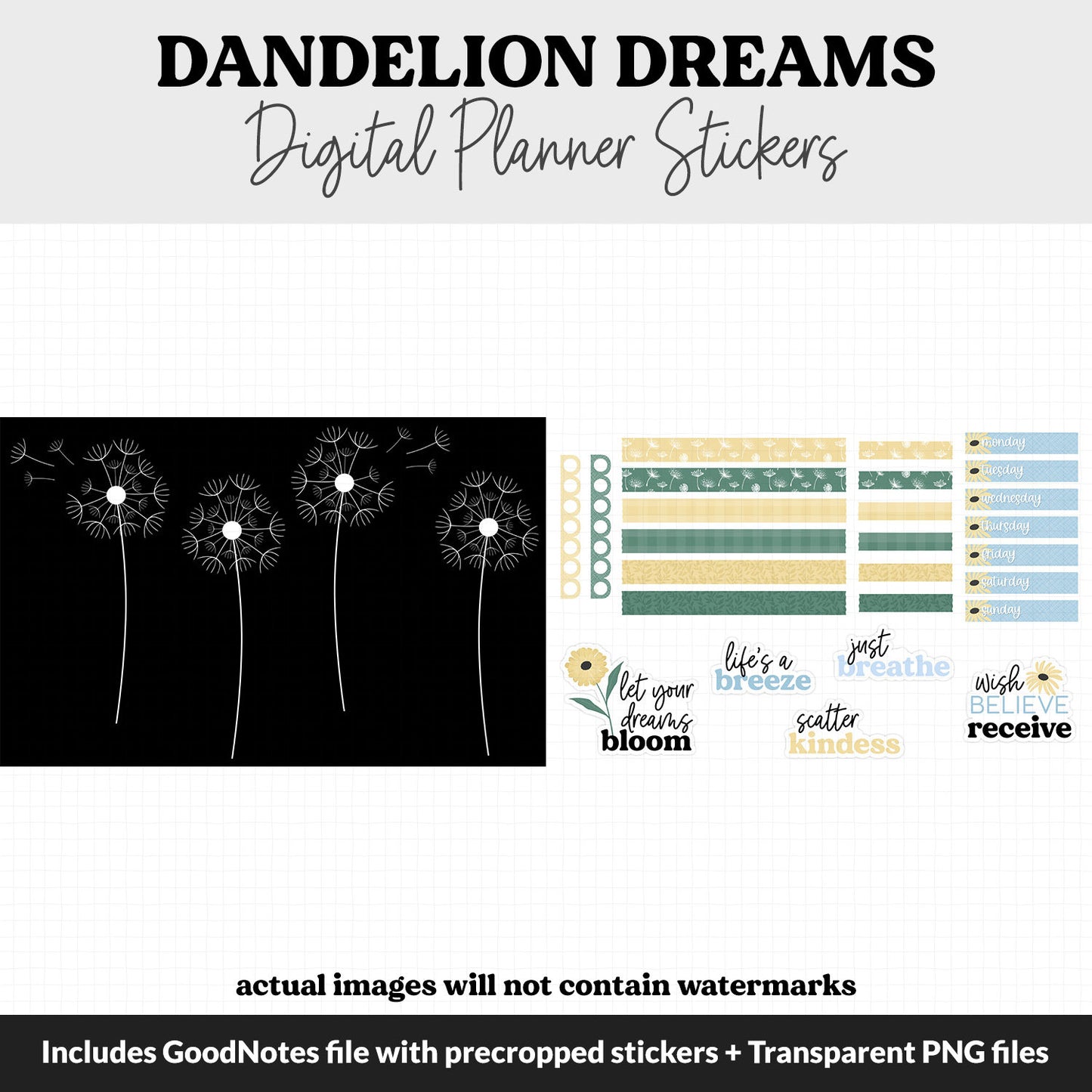 Dandelion Dreams Digital Planner Stickers | GoodNotes, iPad and Android | Odette, Huey, Sassy Cat, Bubbles