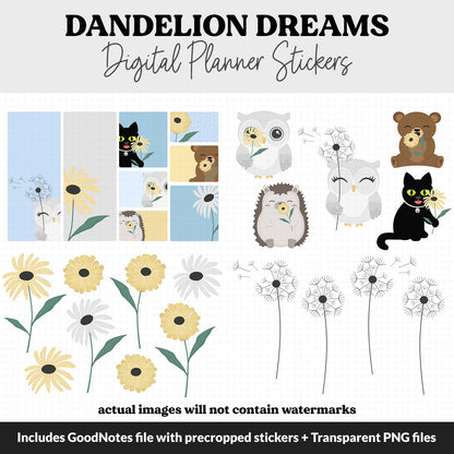 Dandelion Dreams Digital Planner Stickers | GoodNotes, iPad and Android | Odette, Huey, Sassy Cat, Bubbles