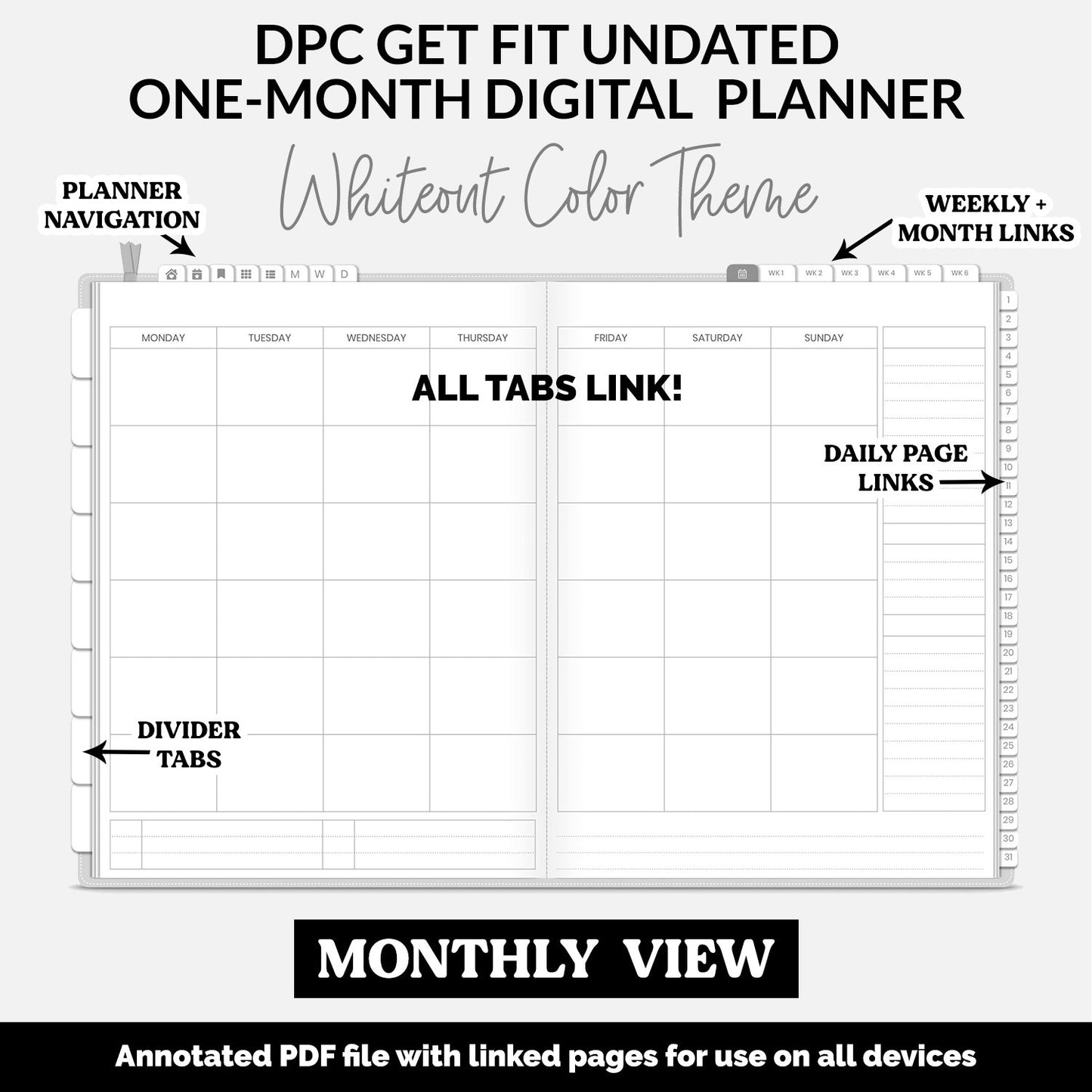 Get Fit One Month Digital Planner | Whiteout Theme | GoodNotes, iPad, Android | Workout, Fitness, Health, Wellness, Self-Care