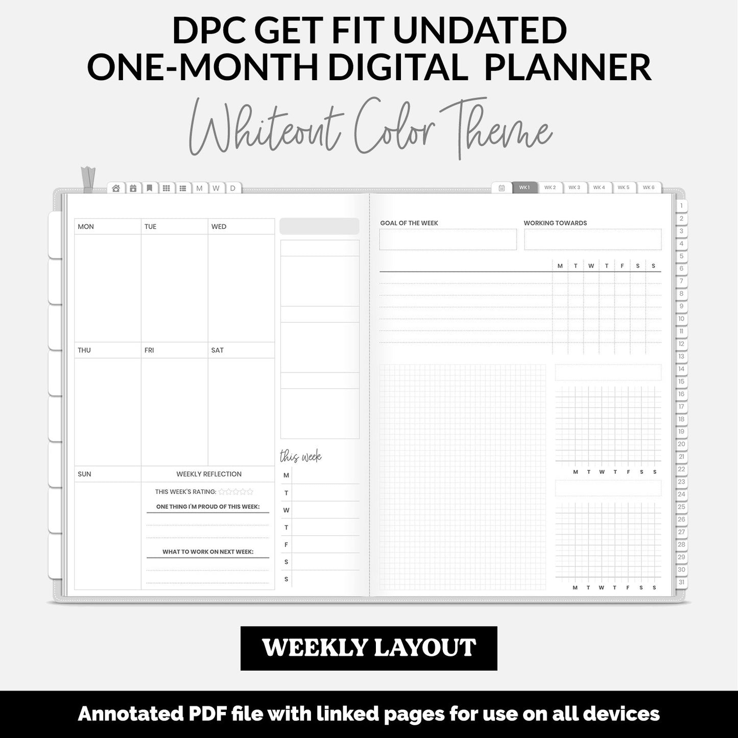 Get Fit One Month Digital Planner | Whiteout Theme | GoodNotes, iPad, Android | Workout, Fitness, Health, Wellness, Self-Care