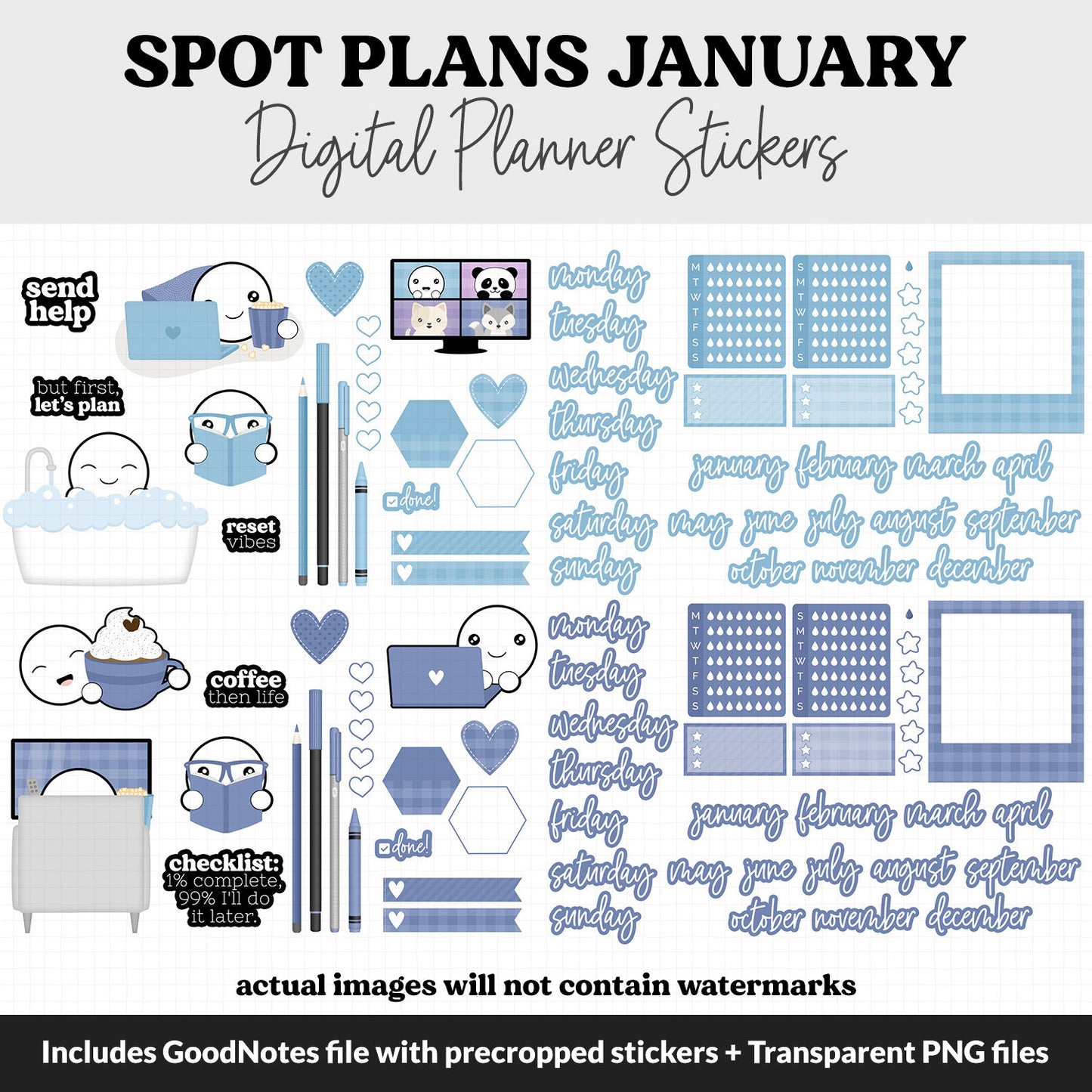 Spot Plans January Digital Stickers | GoodNotes, iPad and Android | Arctic | Sassy, Winter, Goals, Adulting, Planning, Funny