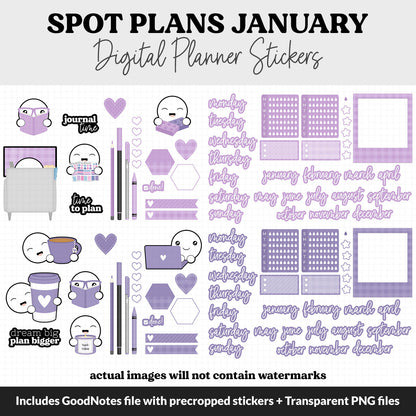 Spot Plans January Digital Stickers | GoodNotes, iPad and Android | Arctic | Sassy, Winter, Goals, Adulting, Planning, Funny
