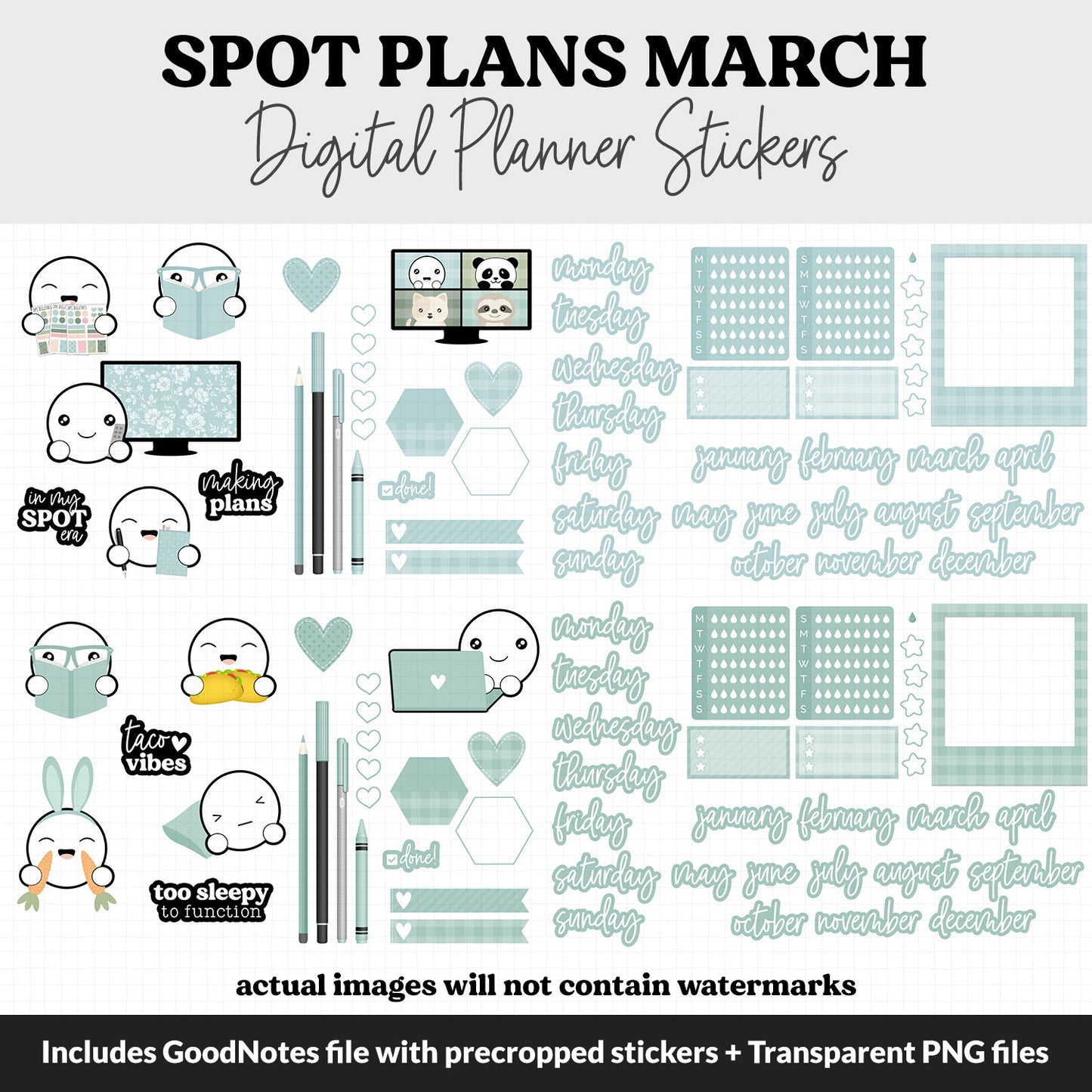 Spot Plans March Digital Stickers | GoodNotes, iPad and Android | Bloom | Sassy, Spring, Easter, St Patrick's, Adulting, Planning, Funny