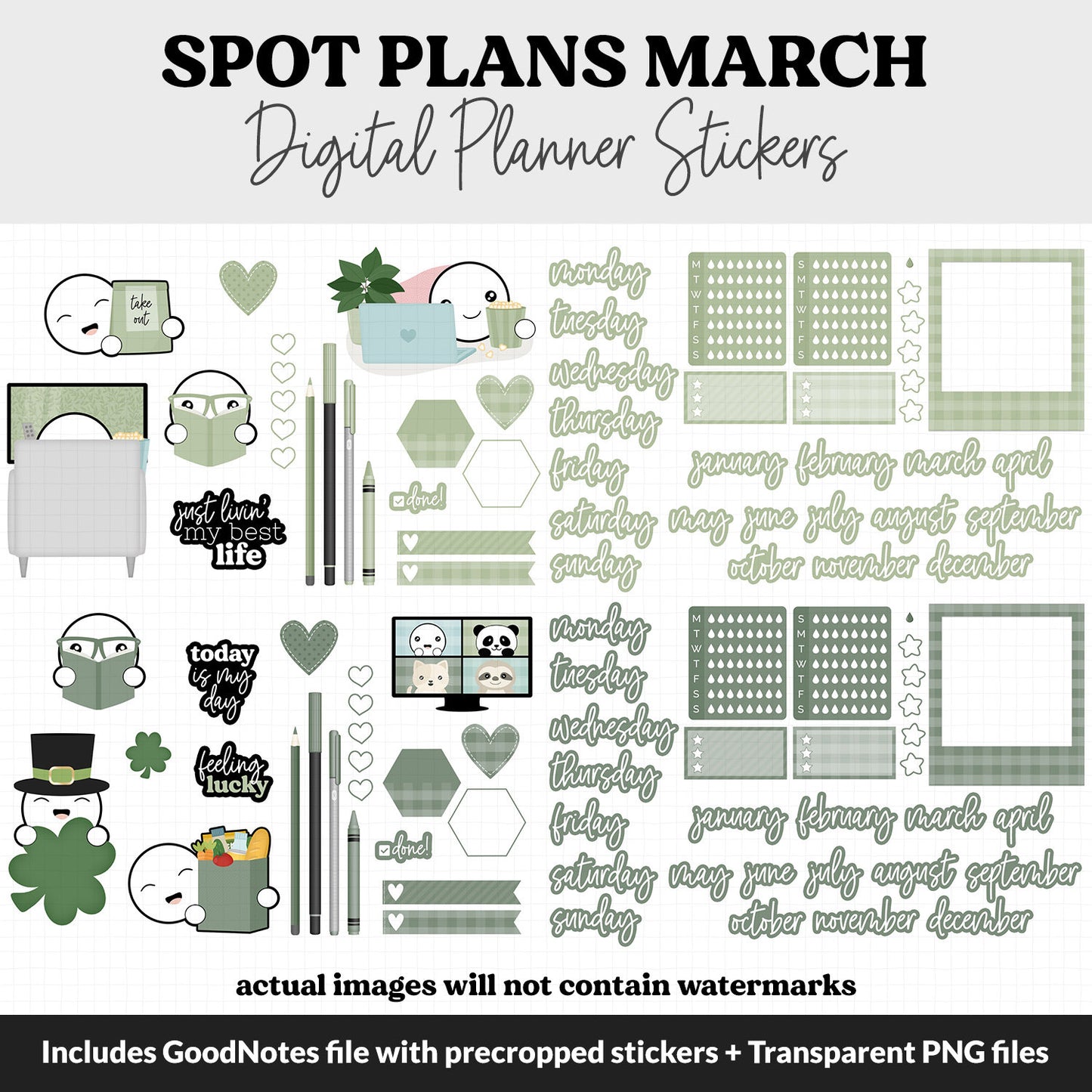 Spot Plans March Digital Stickers | GoodNotes, iPad and Android | Bloom | Sassy, Spring, Easter, St Patrick's, Adulting, Planning, Funny