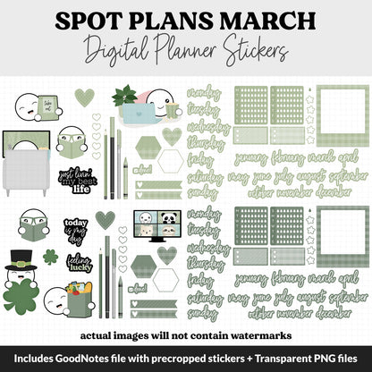 Spot Plans March Digital Stickers | GoodNotes, iPad and Android | Bloom | Sassy, Spring, Easter, St Patrick's, Adulting, Planning, Funny